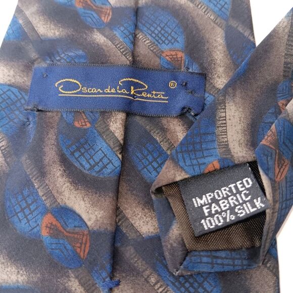 OSCAR DE LA RENTA Men’s Blue Brown Geometric Silk Tie Designer Classic Retro - Picture 6 of 7